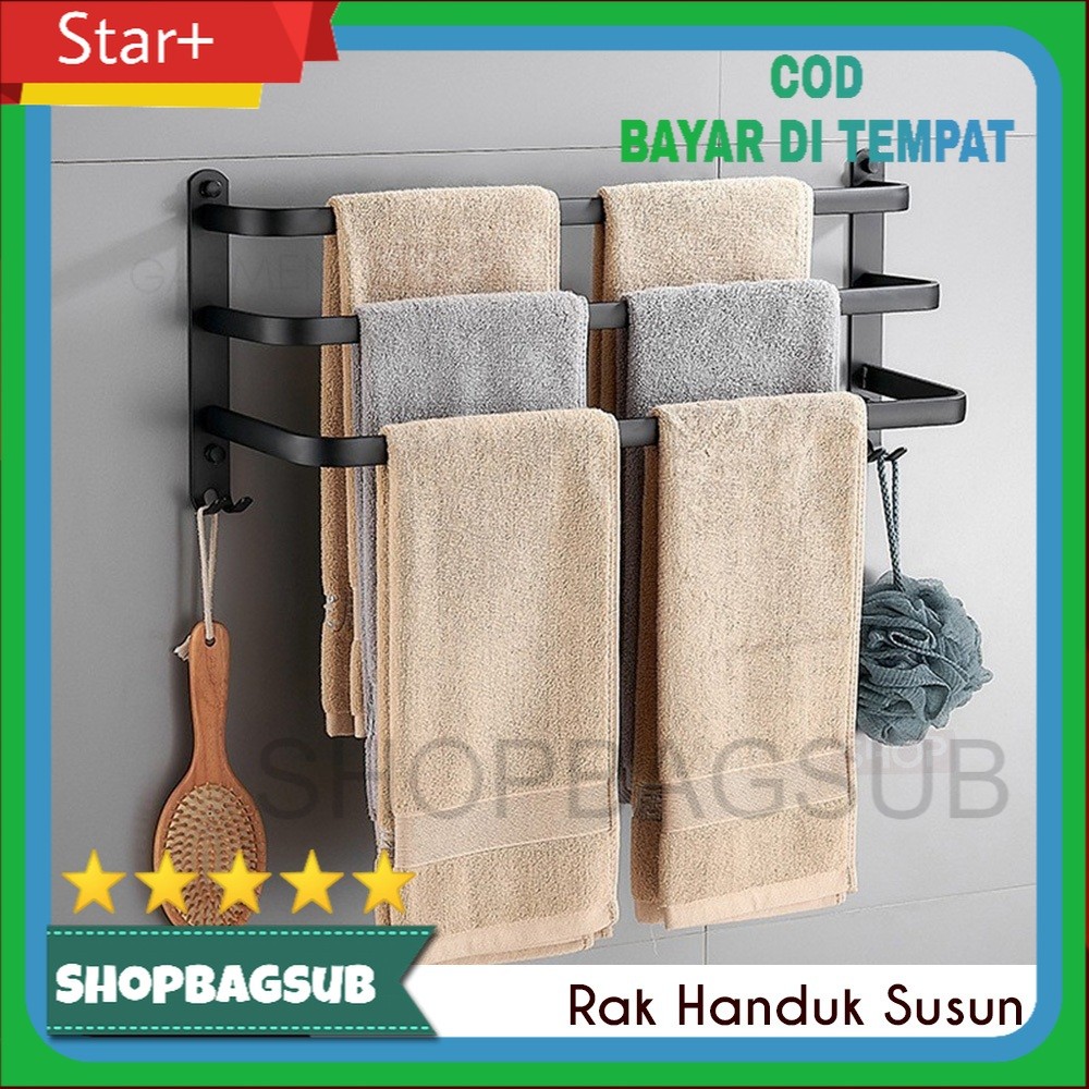 Rak Handuk Susun Gantung Tempel Dinding Jemuran Kamar Mandi Rack Sandal Baju Aluminium Black Steel A