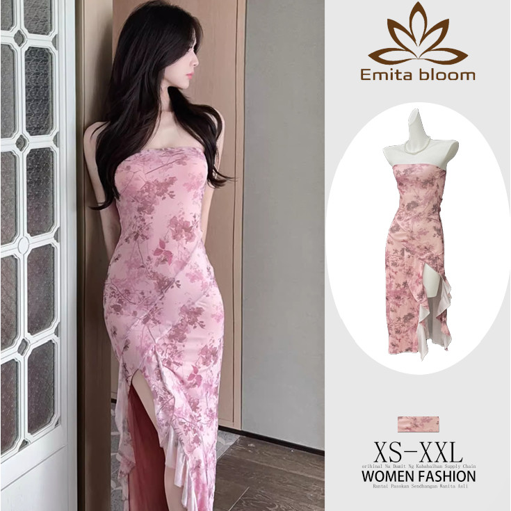 READY EMITA BLOOM fairy dress pink soft wanita korea baju flowy long dress pantai press Body korea