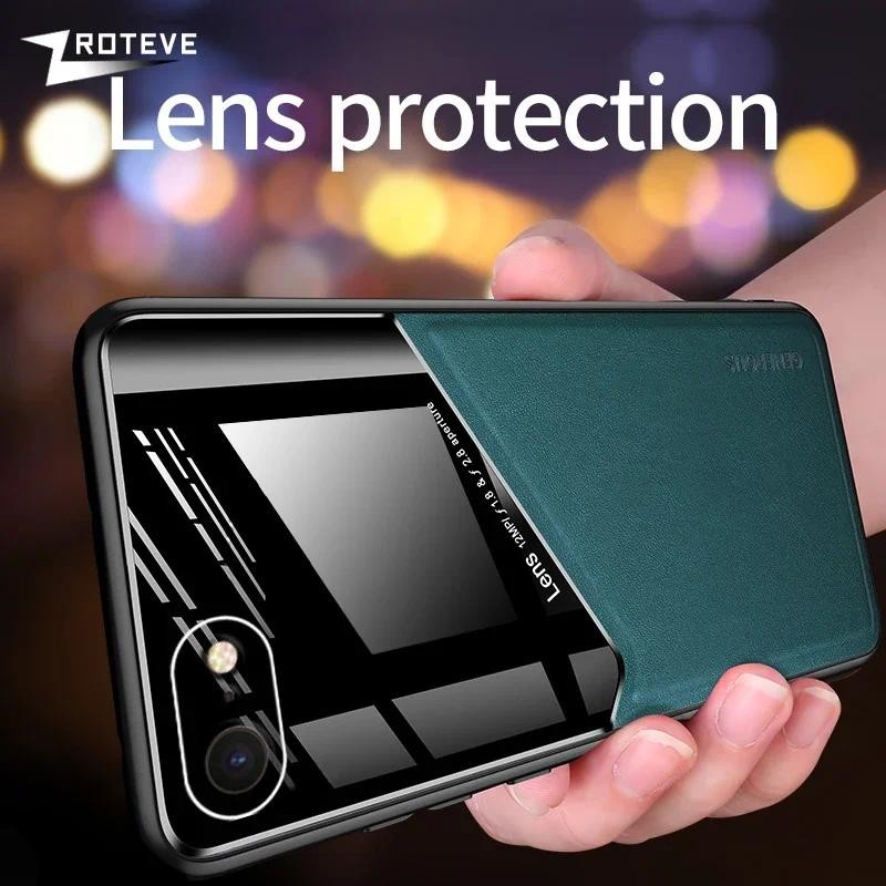 Casing HP SE 2022 Mirror PU Kulit Mobil Magnetic Hisap Holder Hard PC Cover Untuk iPhone 8 7 6 6S SE