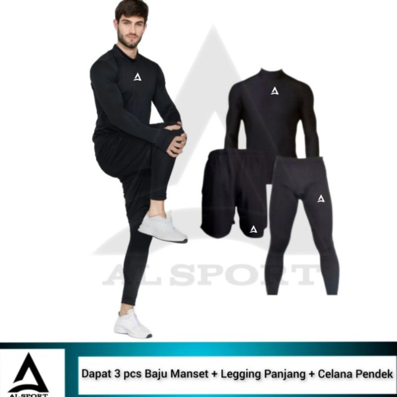 Full set Olahraga Pria Baju Manset Baselayer Lengan Panjang Celana Pendek