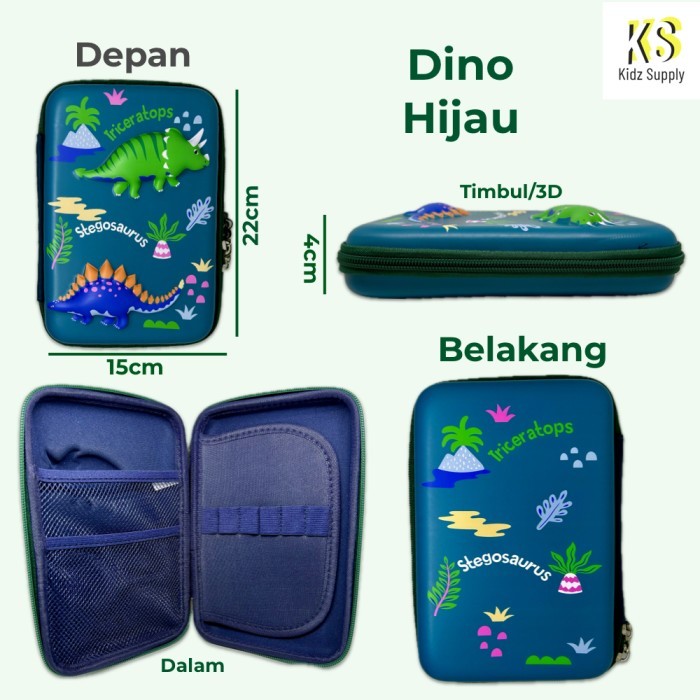 

BEST-Promo Tempat Kotak pensil hardcase smiggle anak laki karakter timbul 3D - Dino Hijau
