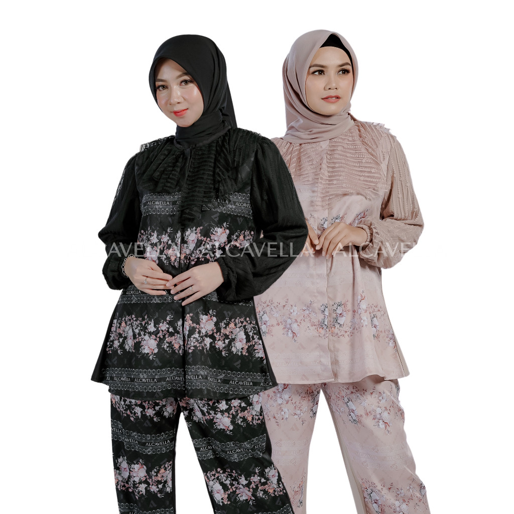Sangria One Set Alcavella - Set Hijab Polos | Baju Muslim Atasan Motif Katun Crinkle Celana Kulot Re
