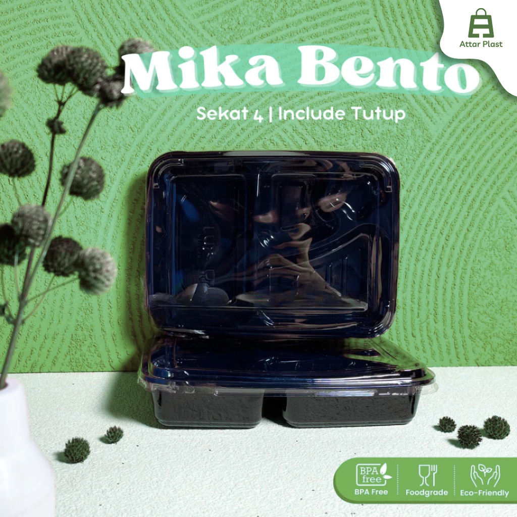 Mika Bento Sekat 4 LUX + Tutup / Mika Bento Plastik / Mika Bento 4 Sekat Hitam / Tray Bento