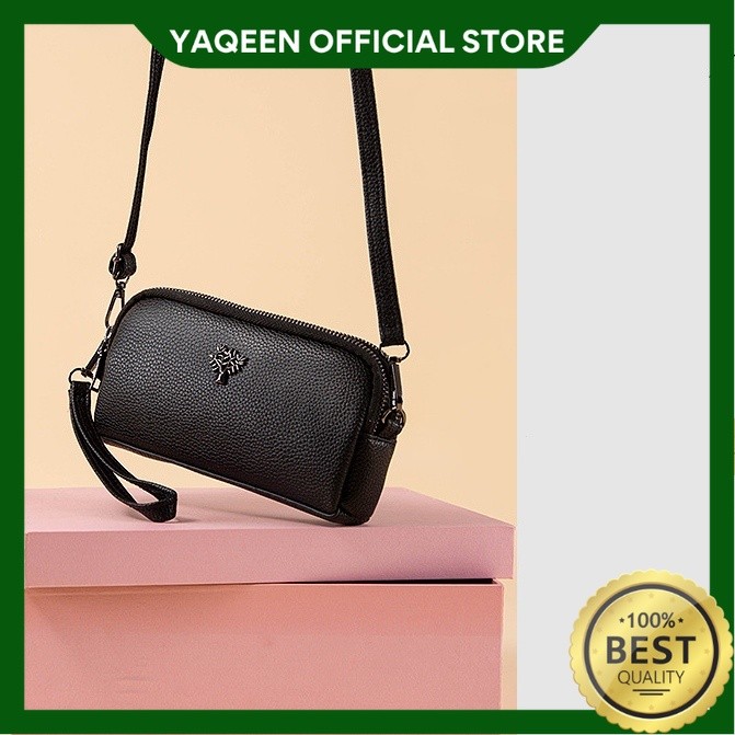 YAQEEN - TAS SELEMPANG WANITA KULIT HITAM TERVIRA TALI KOREA TA677B5 PENDEK FASHION KEKINIAN SIMPLE 