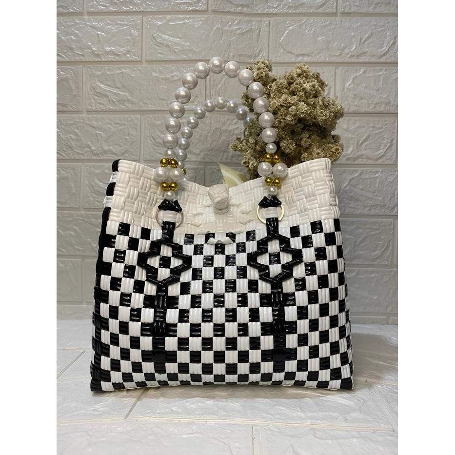 Promo [Istana Anyaman] Tas Wanita/Tas anyaman plastik/Tas jally Mutiara - Pink Hitam terlaris