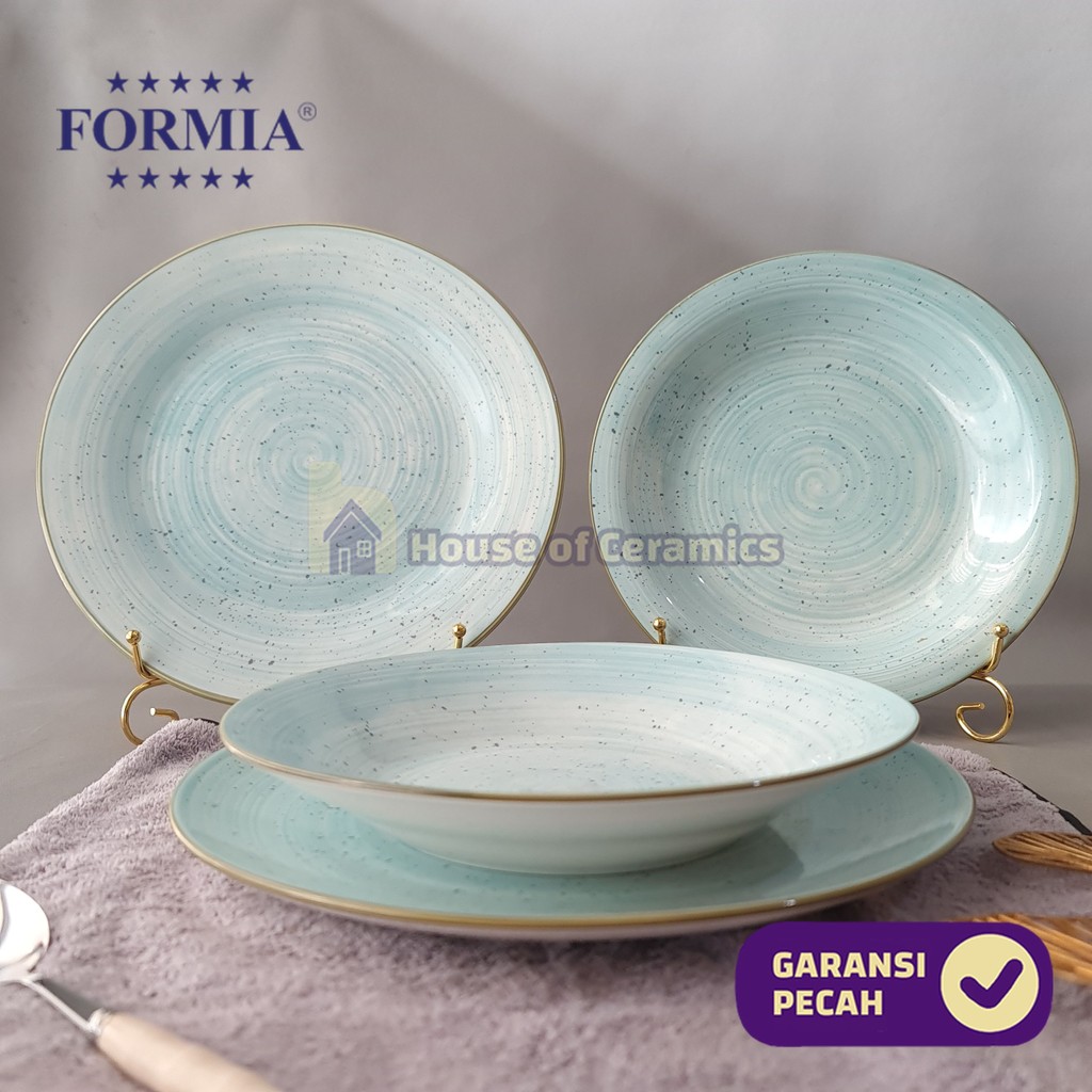 FORMIA Piring Mangkok Keramik Nara Mint Cantik Aesthetic Bermotif Simple