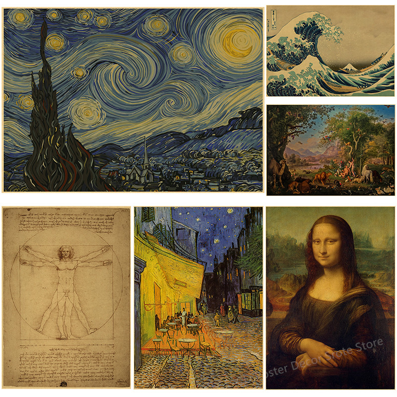 

Leonardo Da Vinci Van Gogh Retro Posters Prints Poster Vintage Bar Cafe Home Living Room Decoration Picture Art Wall Painting