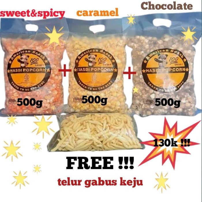 [PAKET HEMAT] ALL varian popcorn hasbi snack bonus telur gabus keju Jajanan halal hampers hari raya 