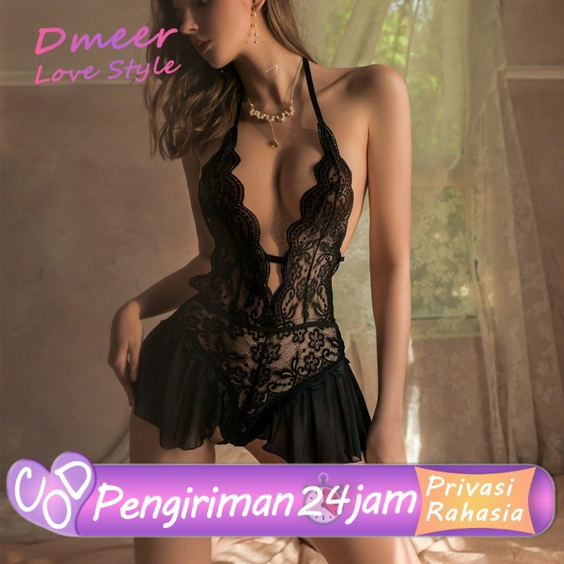 Tahan Lama  Lingering Sexy Wanita Transparan Halter Neck Lace Jumpsuit Open Crotch Lingerie