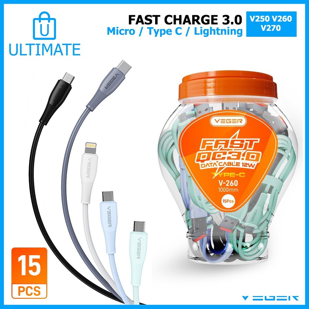 

VEGER Kabel Data V250 MICRO USB V260 TYPE C V270 Lightning (1 Toples=15pcs) QC 3.0 Fast Charging
