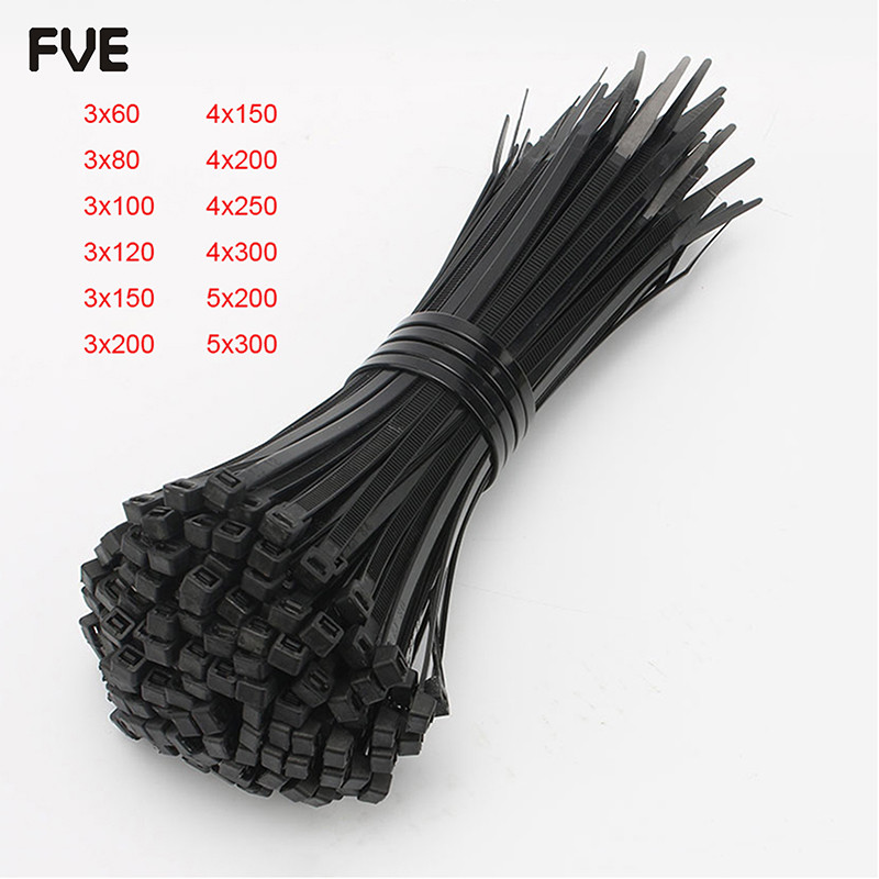

100pcs Self-locking plastic nylon cable tie black 5*300 fastening ring 3x100 industrial cable tie set 4x200