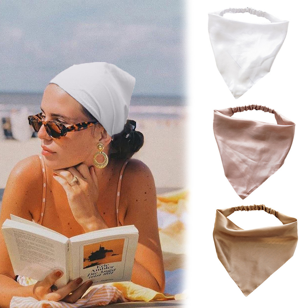 bandana wanita Syal segitiga baru kain satin sederhana ikat kepala wanita warna solid hiasan kepala