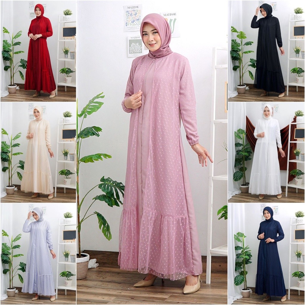Haliya Tile Dotty Gamis Dress Mosscrepe Mix Tille Dot Maxi Dres Muslim Lebaran Pesta Kondangan Murah