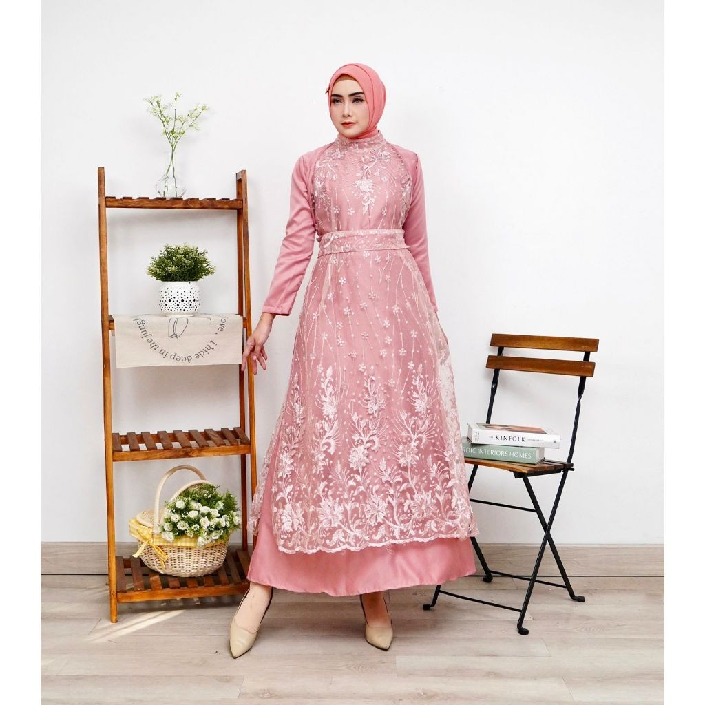 2IN1 THALITA DRESS INNER + OUTER BRUKAT TILLE PREMIUM / FREE BELT / SET GAMIS MAXI DRESS KONDANGAN P