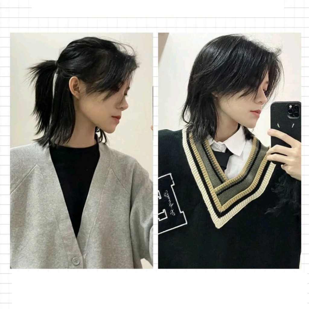 【Pengiriman Cepat】 Wig Pria Rambut Gondrong Lurus Dengan Poni Warna Hitam Natural Wig Rambut Palsu M