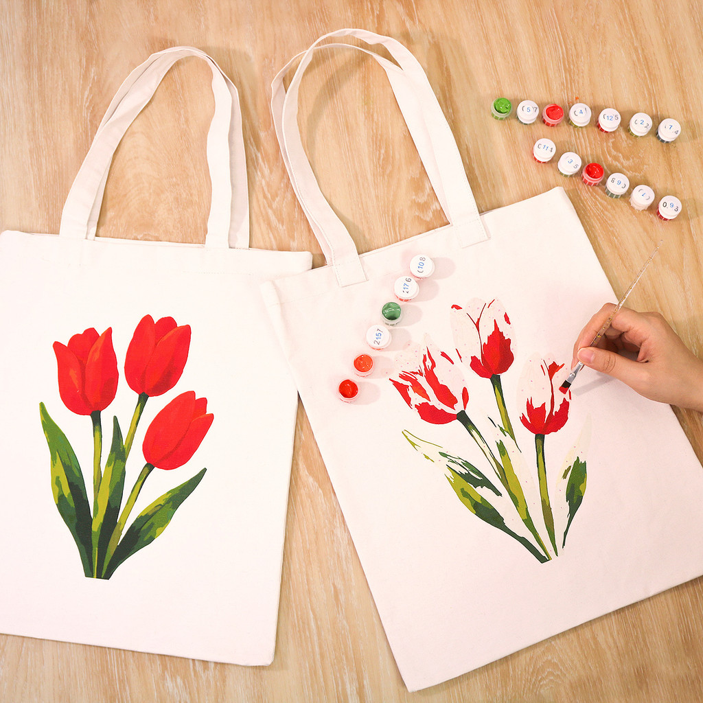 

DIY Painting Bag Red tulips canvas tote bag paint by numbers unique Handheld cloth bag DIY painting by numbers