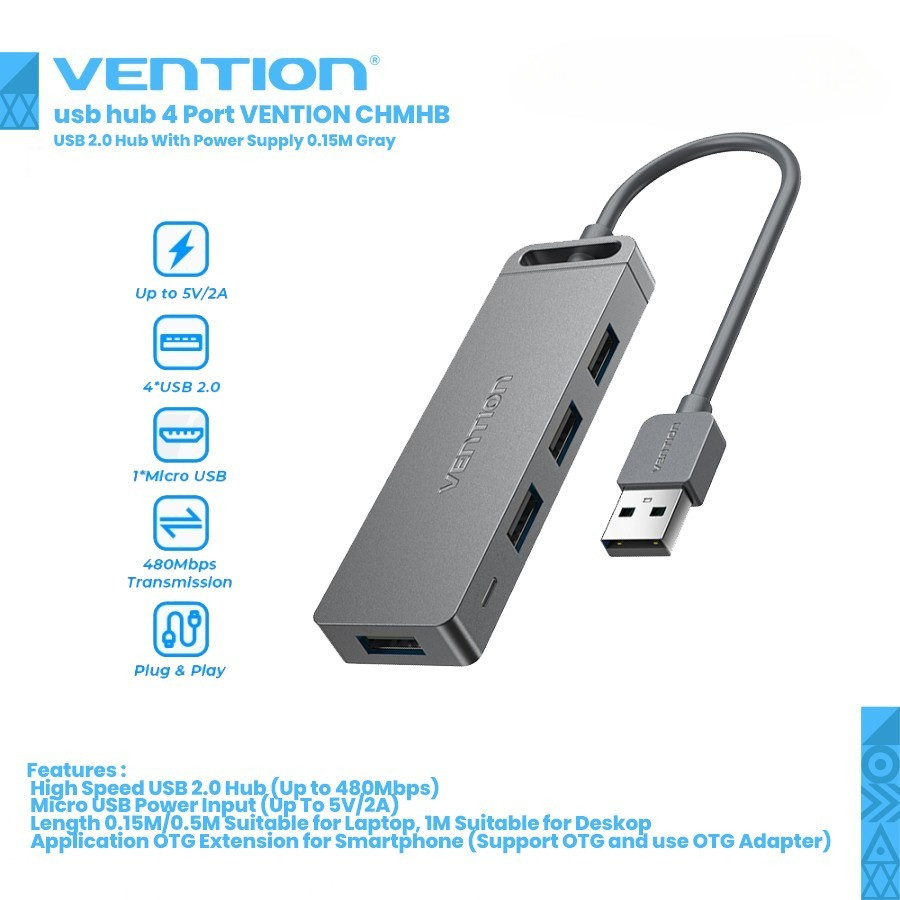 usb hub 4 Port VENTION CHMHB USB 2.0 Hub With Power Supply 0.15M Gray