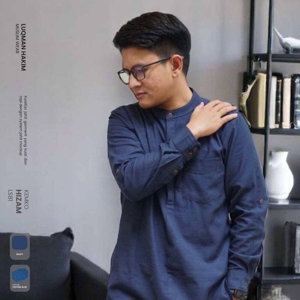 LUQMAN HAKIM Hizam Navy | Kemko Kemeja Koko Pria Lengan Panjang | Baju Muslim Casual Harian Kekinian
