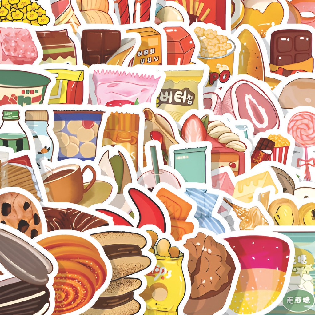 

Stiker Cutting Pack Stiker Cemilan Makanan Santai Isi 100Pcs Series Aesthetic Lucu Keren Untuk Koper Bahan Vynil