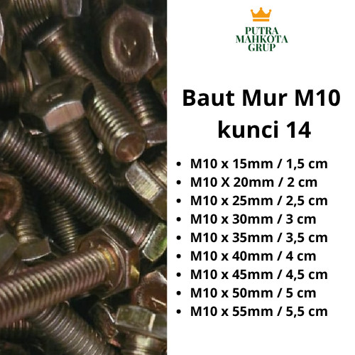 Baut Dan Mur besi kuning M10 kunci 14 isi 100 pcs(Panjang15-55)Drat Pitch 1.25 -Baut Siku-Baut Hexag
