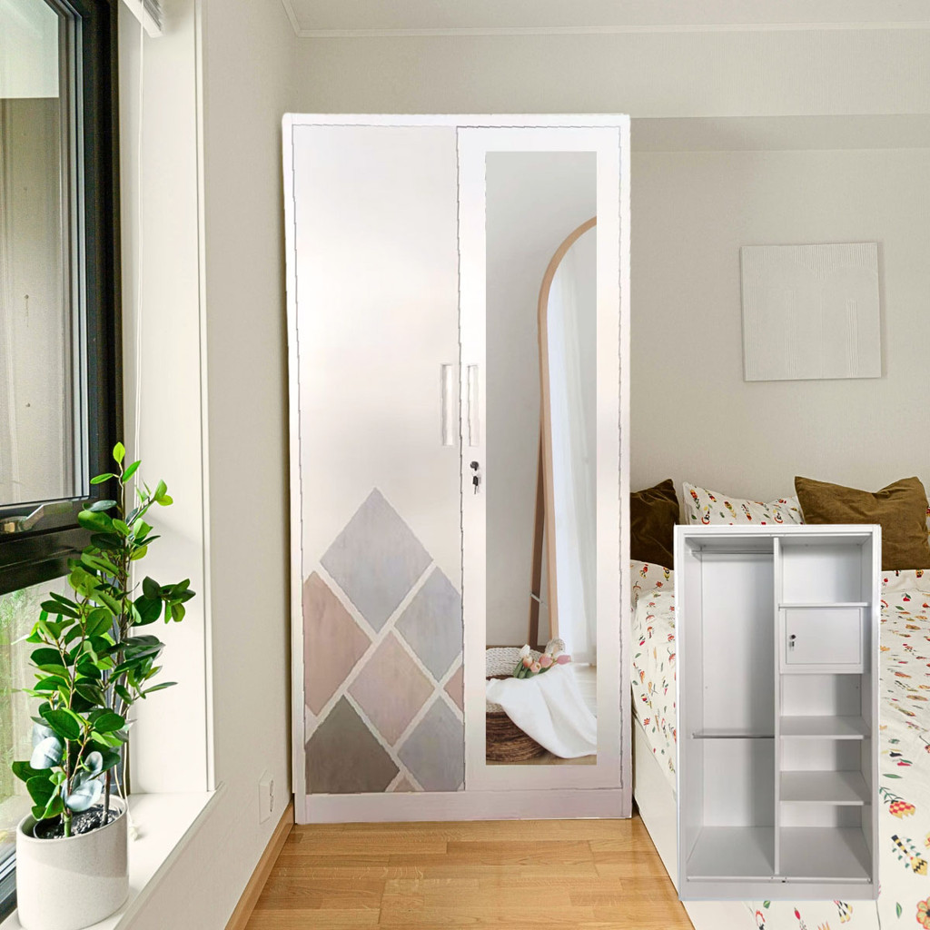 JOLEE-Lemari Pakaian Besi Lemari Pakaian Pintu ganda biasa 85cm 2 pintu 2 Hanger Cermin Minimalis