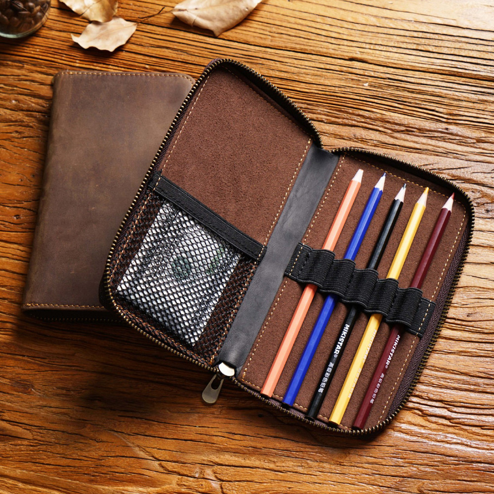 

Vintage Leather Pencil Case Pen Pouch Pencicase Large Capacity Cowhide Stationery Organizer