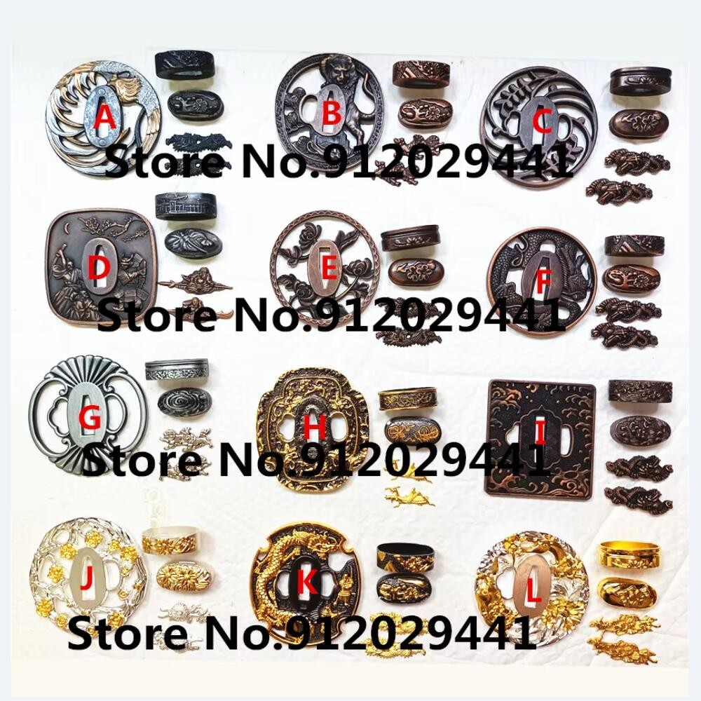 A Set Alloy Different Tsuba+Fuchi+Kashira+Menuki Accessory Fitting For Japanese Sword Samurai Katana