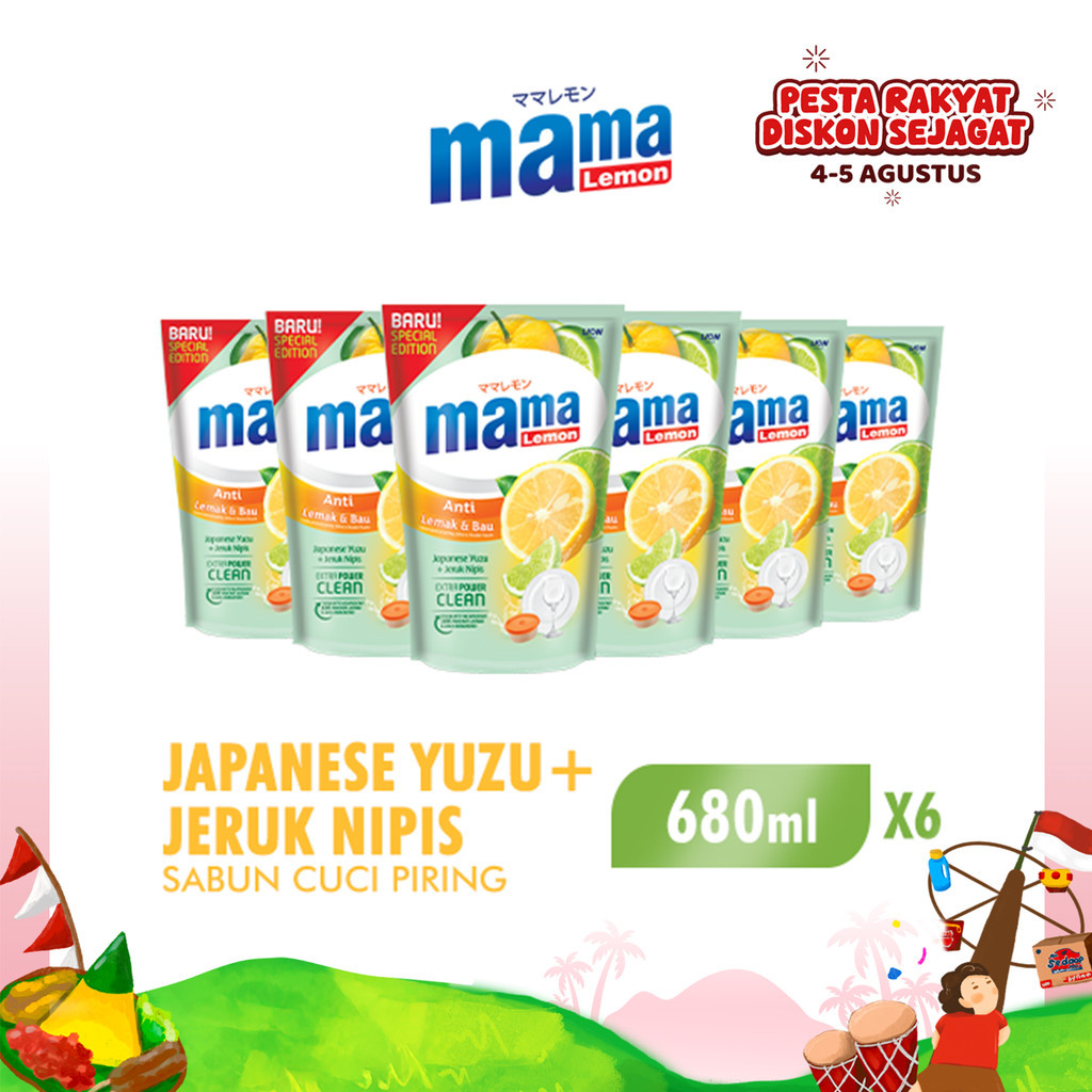 

Mama Lemon Sabun Cuci Piring Yuzu & Jeruk Nipis Anti Lemak & Bau Pouch 680 ml x6