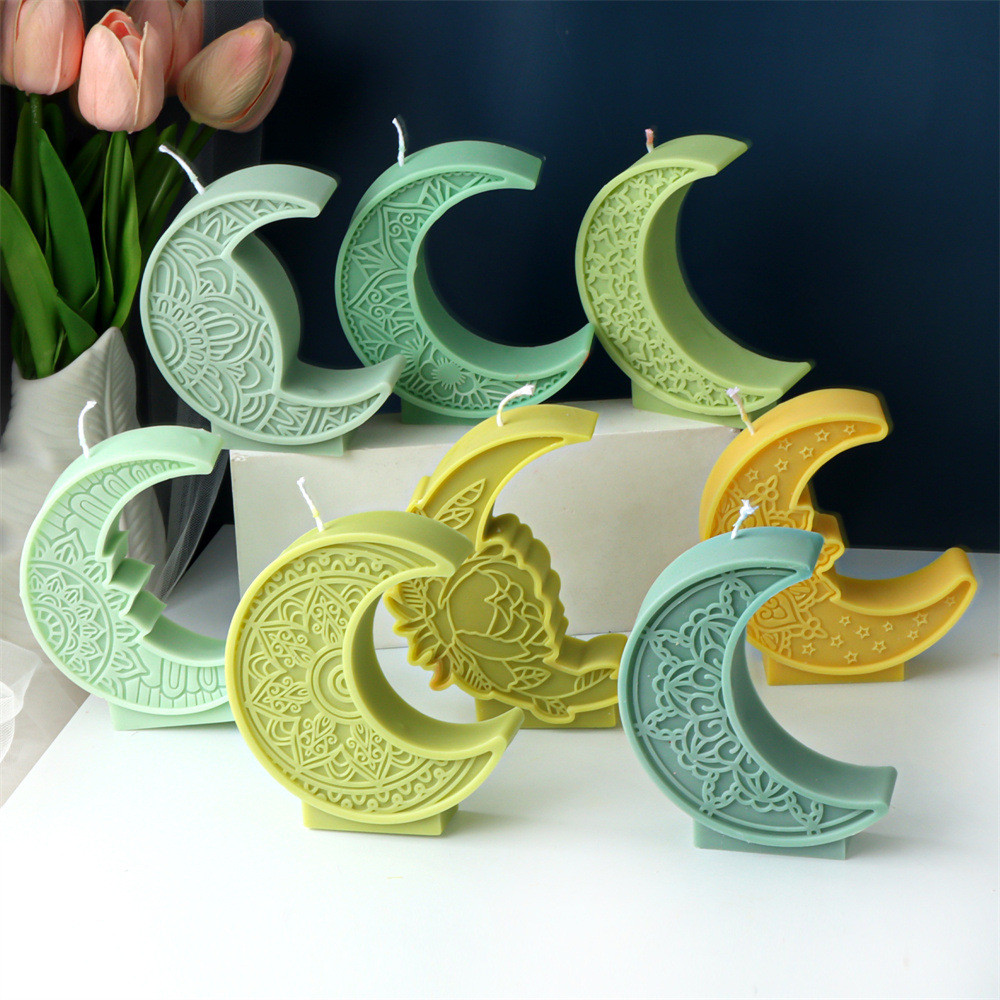 

Eid Mubarak Moon shaped Patterned Candle Silicone Mold Handicraft Ramadan Decor Aroma Candle Plaster Wax Making Mould Mandala