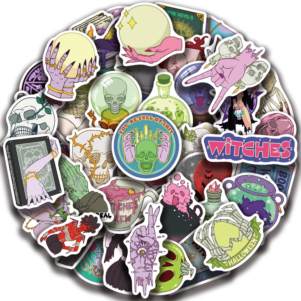 

50pcs Gothic Witch Skeleton Stickers For Party Gift Skateboard Motorcycle Scrapbooking Laptop Suitcase Toys