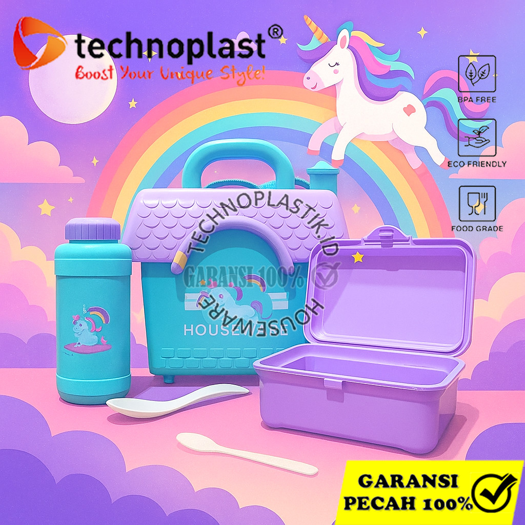 TECHNOPLAST Set Kotak Makan & Botol Minum TECHNOPLAST Paket Bekal Hemat Unicorn Untuk Anak Sekolah