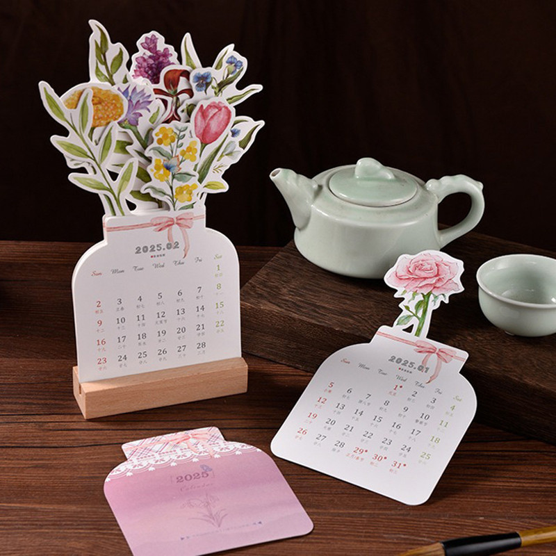 

2025 Flower Desk Calendar Creative Wooden Card Calendar High Quality Desktop Calendar Illustrator Card Insertion Calendar