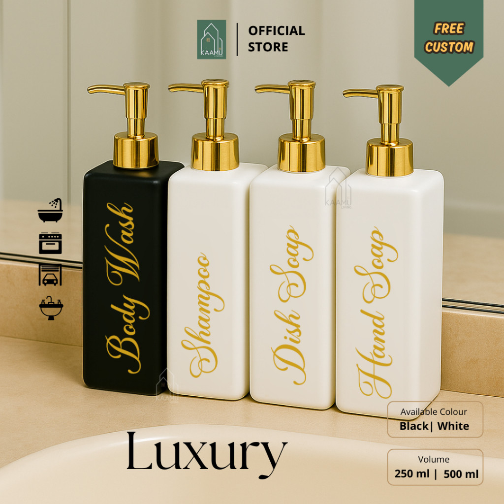 KOKORO - LUXURY | Botol Kotak Putih Hitam 500ml 250ml neck 28mm | Botol refill sabun mandi cair body