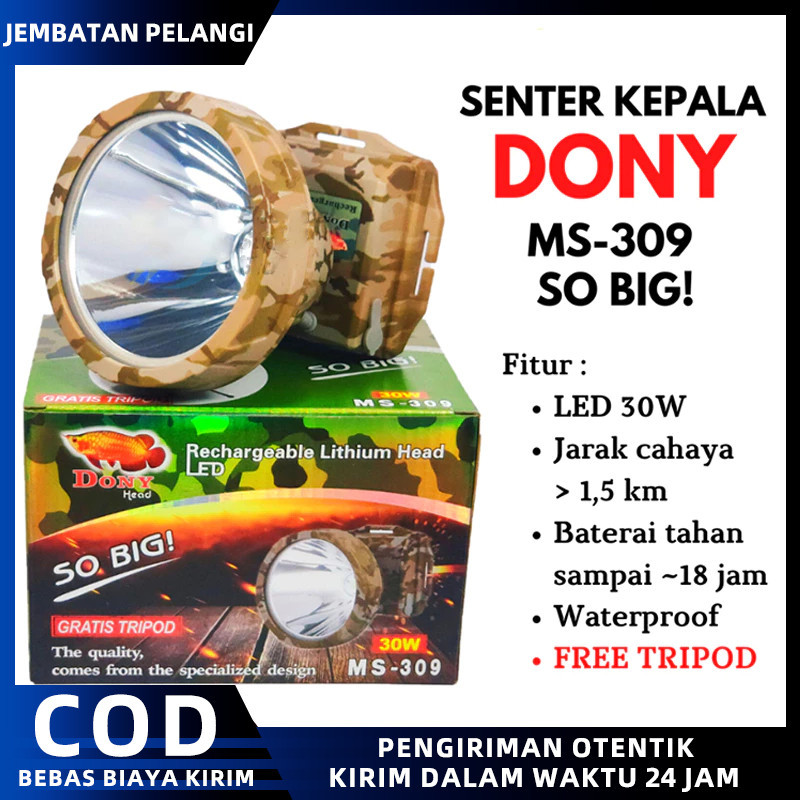 / DONY / Senter Kepala Cas / MS 309 / SOBIG 30 W 30 WATT / QLED LED T6 / Super Terang / Murah Senter