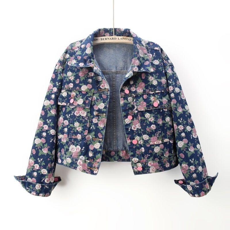 Vintage Niche Printed Long Sleeve Denim Jacket Short Loose Top Jacket