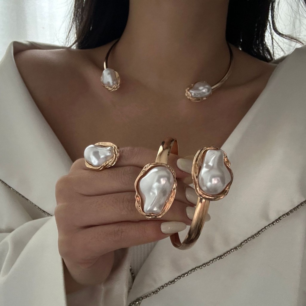 DIEZI French Style Baroque Imitation Pearl Torque Necklace Bangle Ring Set For Women Punk Gold Silve