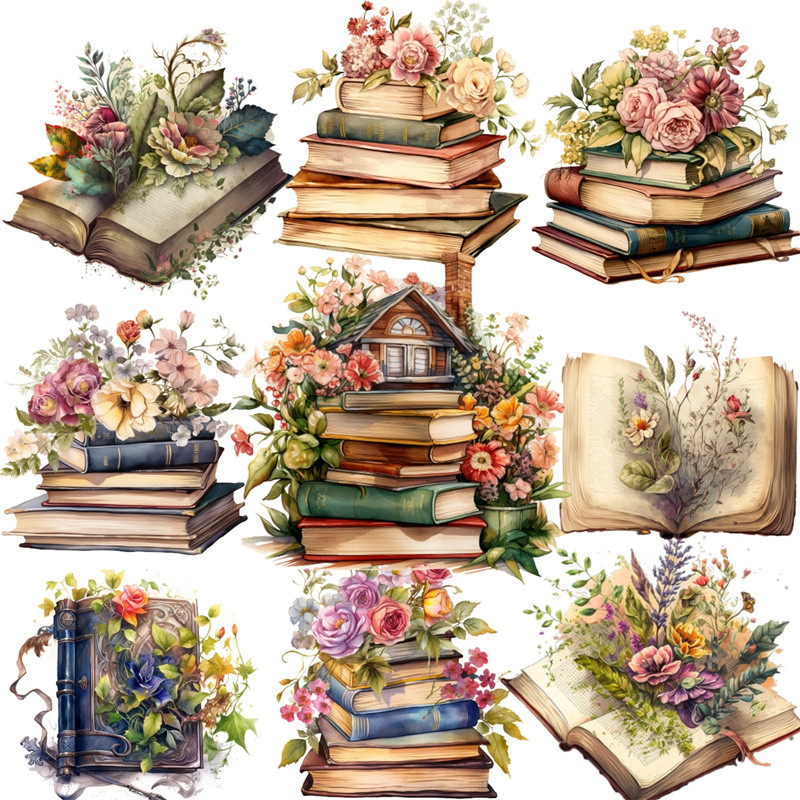 

Watercolor Nostalgic Retro Plant and Flower Books Stickers DIY Scrapbooking Diary Project Decoration Vintage Journal
