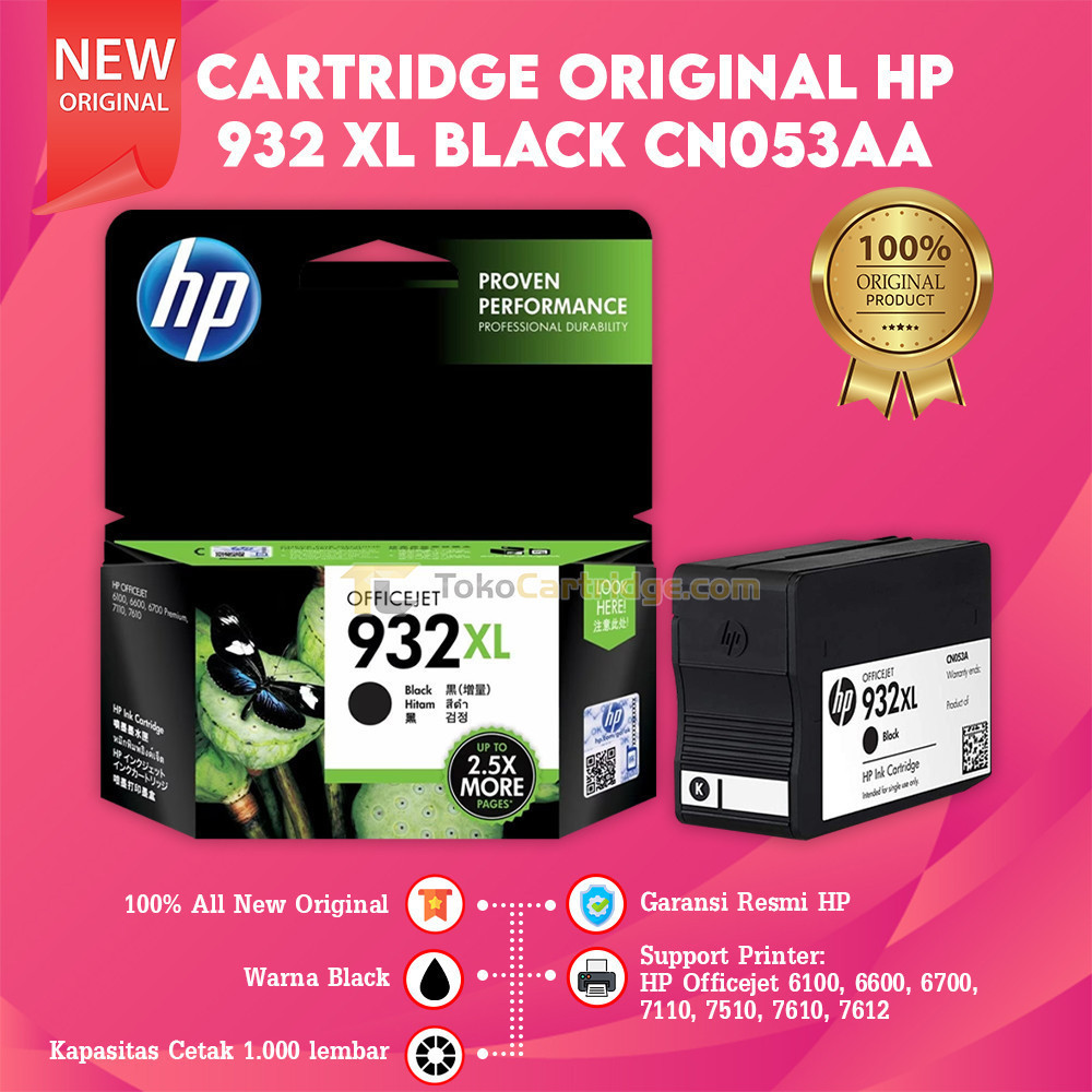 Cartridge Original HP 932 XL Black CN053AA, Tinta Printer HP Officejet 6100 6600 6700 7110 7510 7610