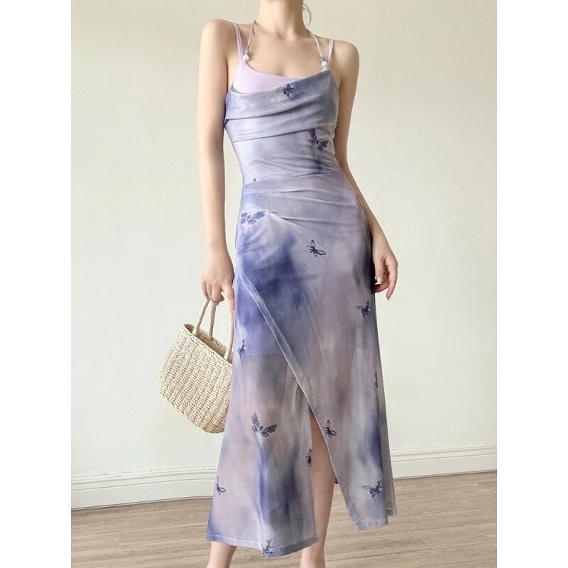 gaun kupu kupu dewasa pesta ungu terong pantai panjang wanita summer Purple dress party Korean flora