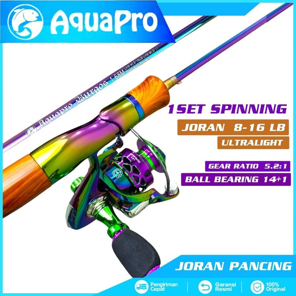 1 Set Paket Joran Pancing AQUAPRO Spinning Rod Action Ultralight Karbon Padat Color Rainbow UL Joran