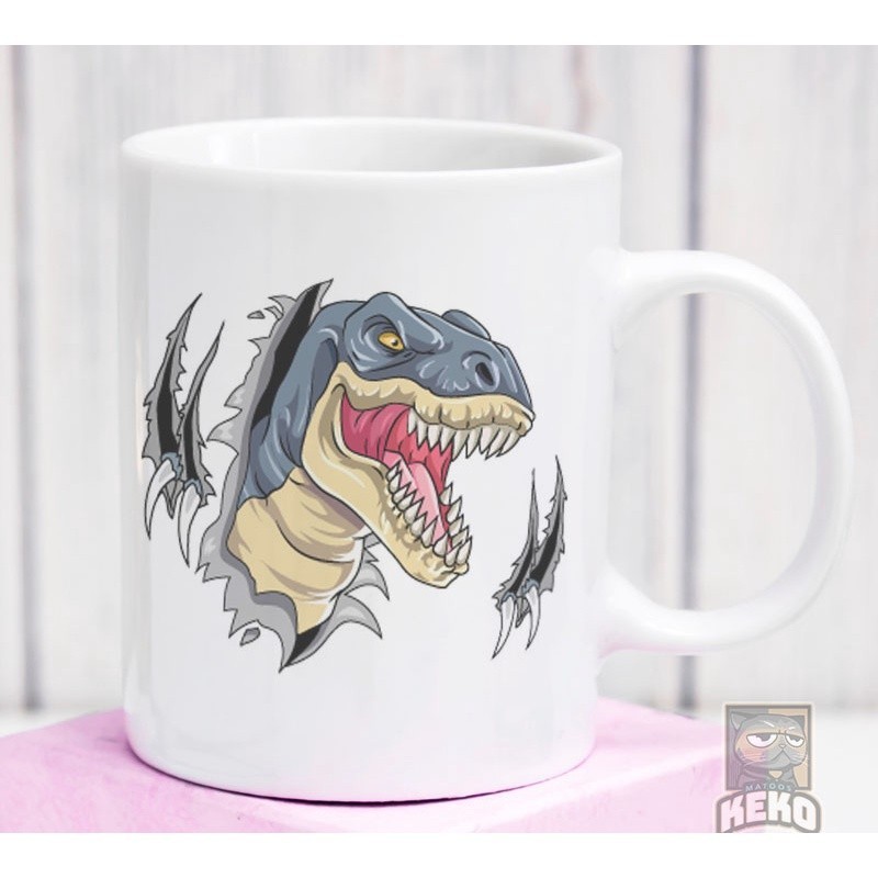 Gelas Mug Motif dinosaur t rex roar   Keramik Unik Keko