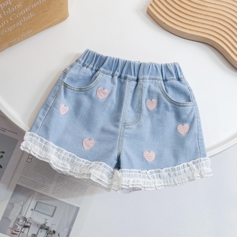 Girls' Denim Shorts New Western Style Children Baby Girl Lace Love Shorts Summer Outdoor All-Matchin
