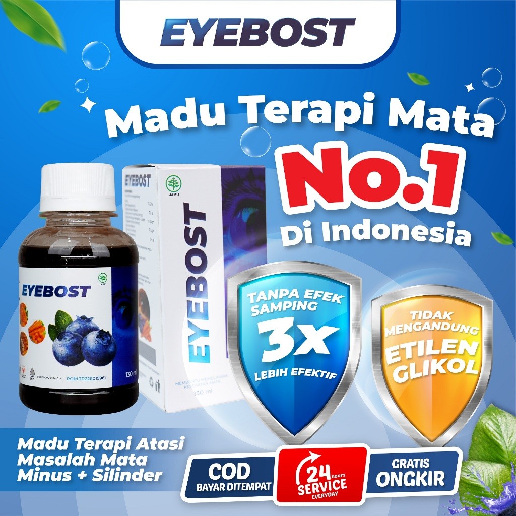 

EYEBOST Madu Vitamin Mata Herbal Mengatasi Masalah Mata Pyteregium Glaukoma Katarak Mata Minus Mata Silinder Mata Merah Mata Gatal Tersertifikasi BPOM dan Halal MUI