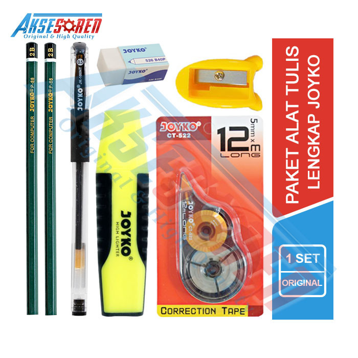 

Perlengkapan Paket Alat Tulis Ujian Sekolah Lengkap Joyko [Pulpen Gel + Pensil 2B + Rautan pensil karekter + Penghapus putih + Tipe X kertas + Highlighter ] / Alat Tulis Sekolah Lengkap / Alat Tulis 1 Set Lengkap / Alat Sekolah Lengkap 1 Paket Murah