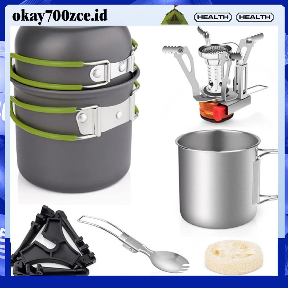 [OKA-id] Backpacking Stove Kit Camping Cookware Mess Kit for Hiking Picnic (Green)