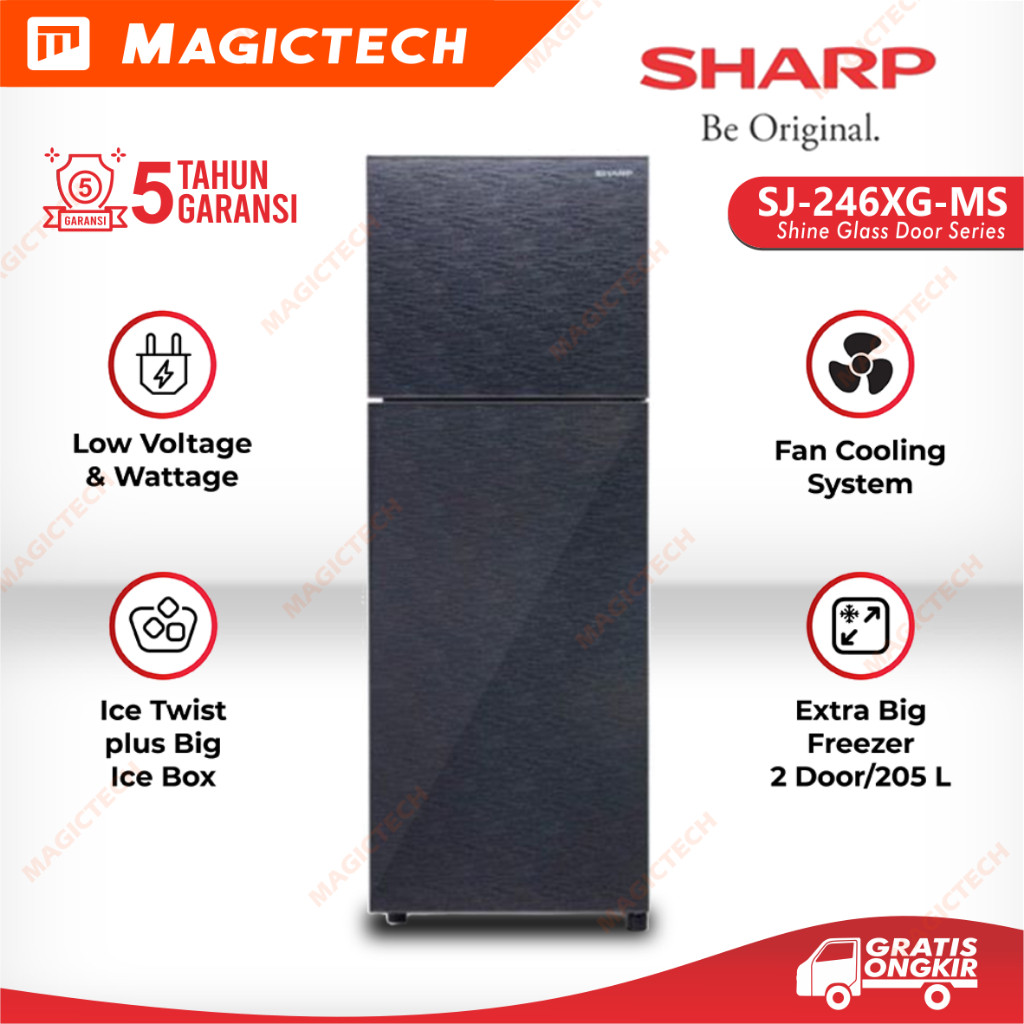 KULKAS SHARP 2 PINTU SJ-246XG-MS / SJ-246XG / SJ-246 SHINE GLASS DOOR SILVER