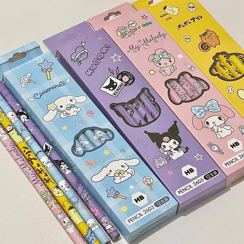 

12pcs/Set Kawaii Kuromi Pencil Cartoon Hello Kitty My Melody Cinnamoroll Student Hb Writing Pencil Set School Office Stationery