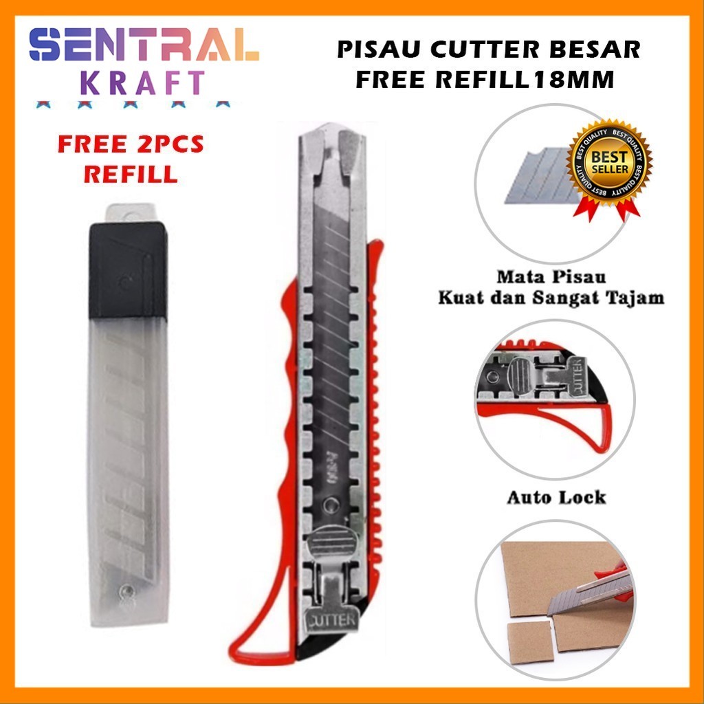 

Pisau Cutter Ukuran Besar FREE Refill 18mm Kater Pemotong Kertas Super Tajam Cuter Alat Potong Kardus Plastik Silet