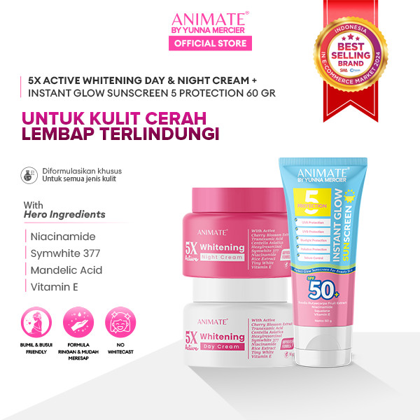 Bundling Animate 5x Active Whitening Day Cream & Night Cream + Animate Instant Glow Sunscreen 5 Prot
