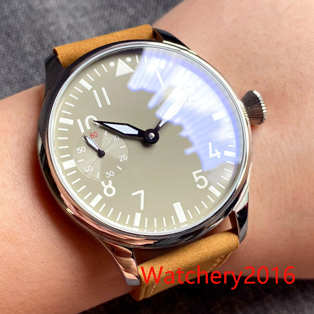 

44mm Black Sterile Dial Luminous Hands 17 Jewels 6497 Movement Manual Mechanical Mens Watch Leather strap